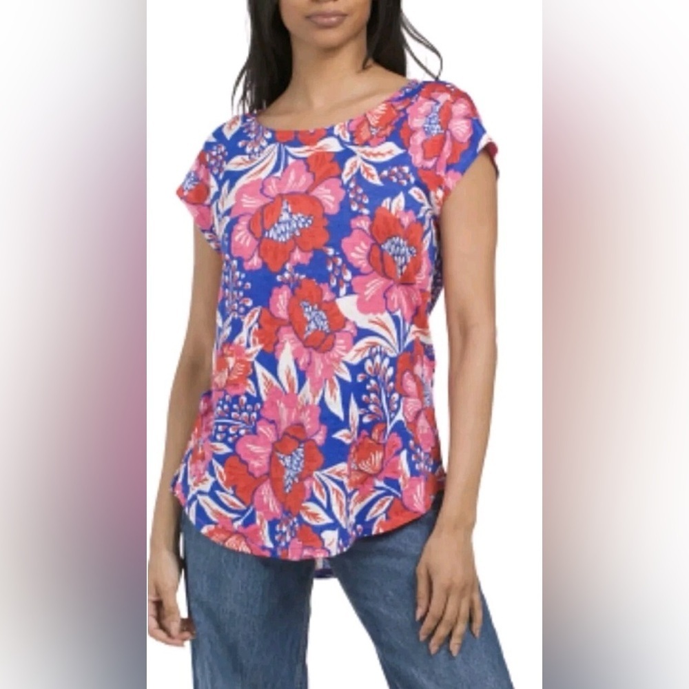 Sigrid Olsen Linen Tee Shirt Size XL Floral Rounded Hem